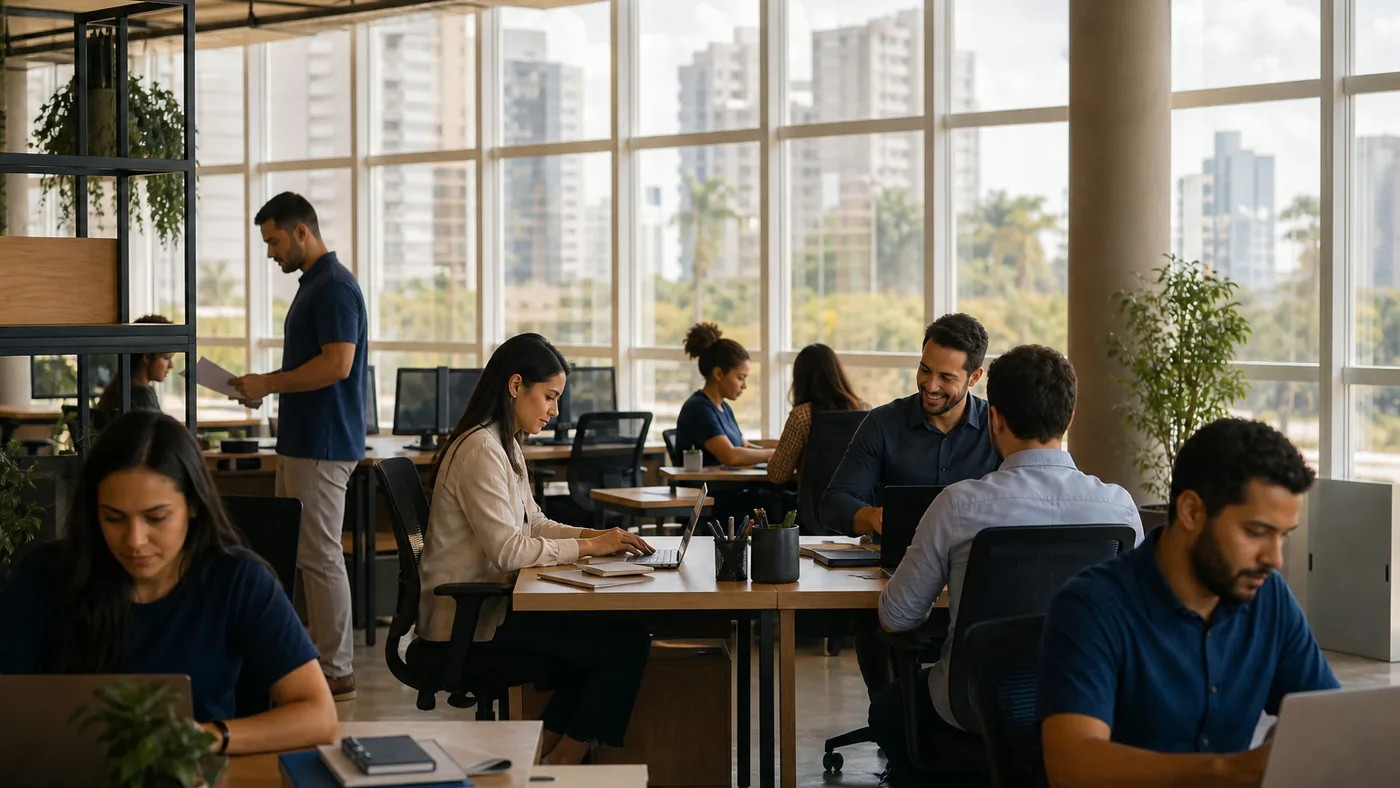 Equipe trabalhando em escritório protegido pelo seguro empresarial cotado pela Corsego